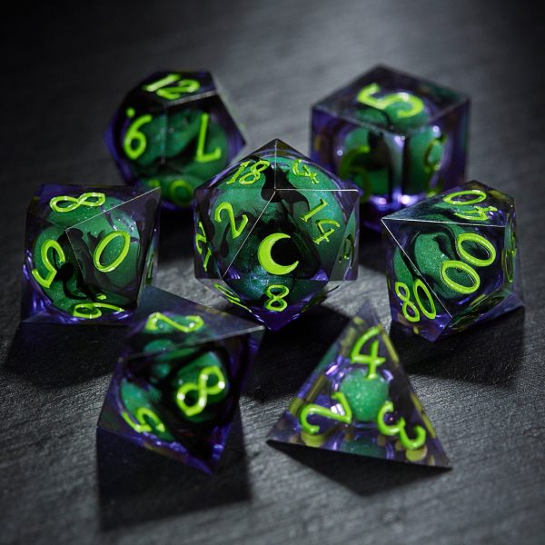 Purple Green Liquid Core Resin Moon DnD D&D Dice Set