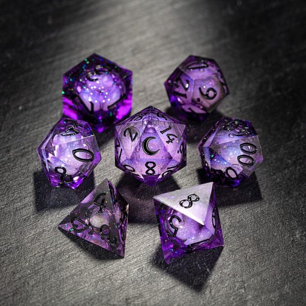 Purple Liquid Core Resin Galaxy Dice Moon DnD D&D Dice Set