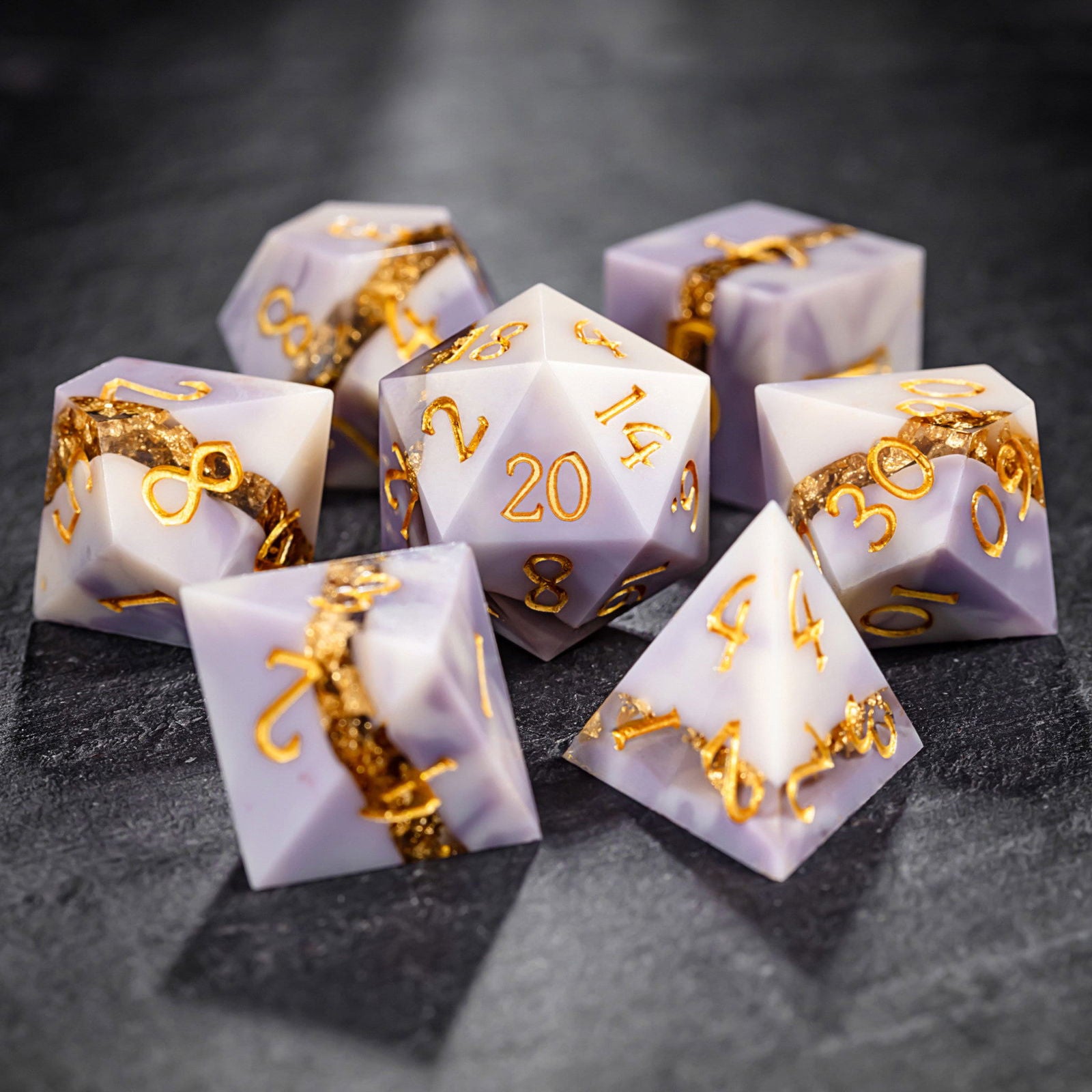 Purple White Goldleaf Resin DnD D&D Dice Set
