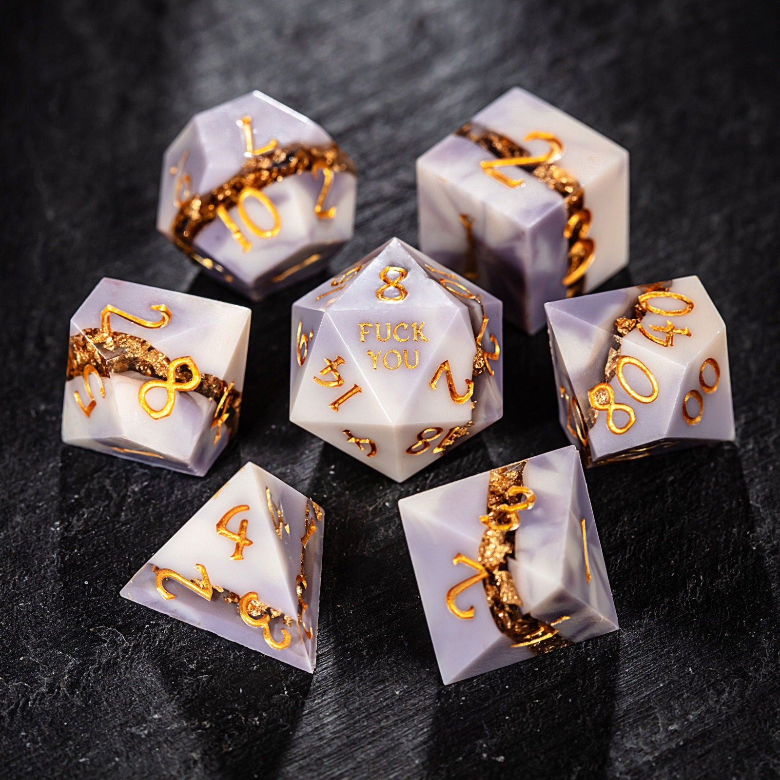 Purple White Goldleaf Resin F Word DnD D&D Dice Set