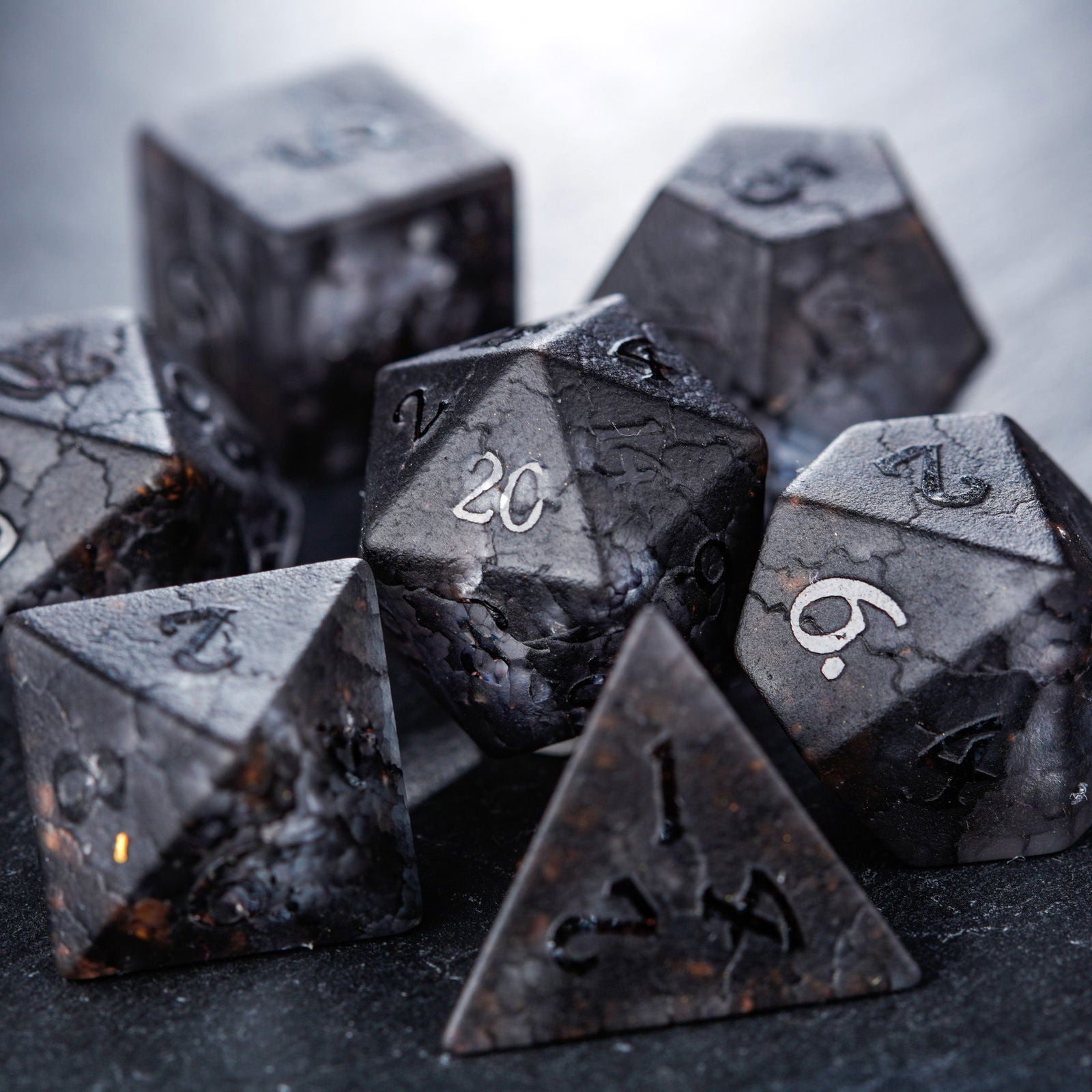 Raised Black Lightning Glass DnD D&D Dice Set