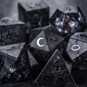 Raised Black Lightning Glass Moon DnD D&D Dice Set