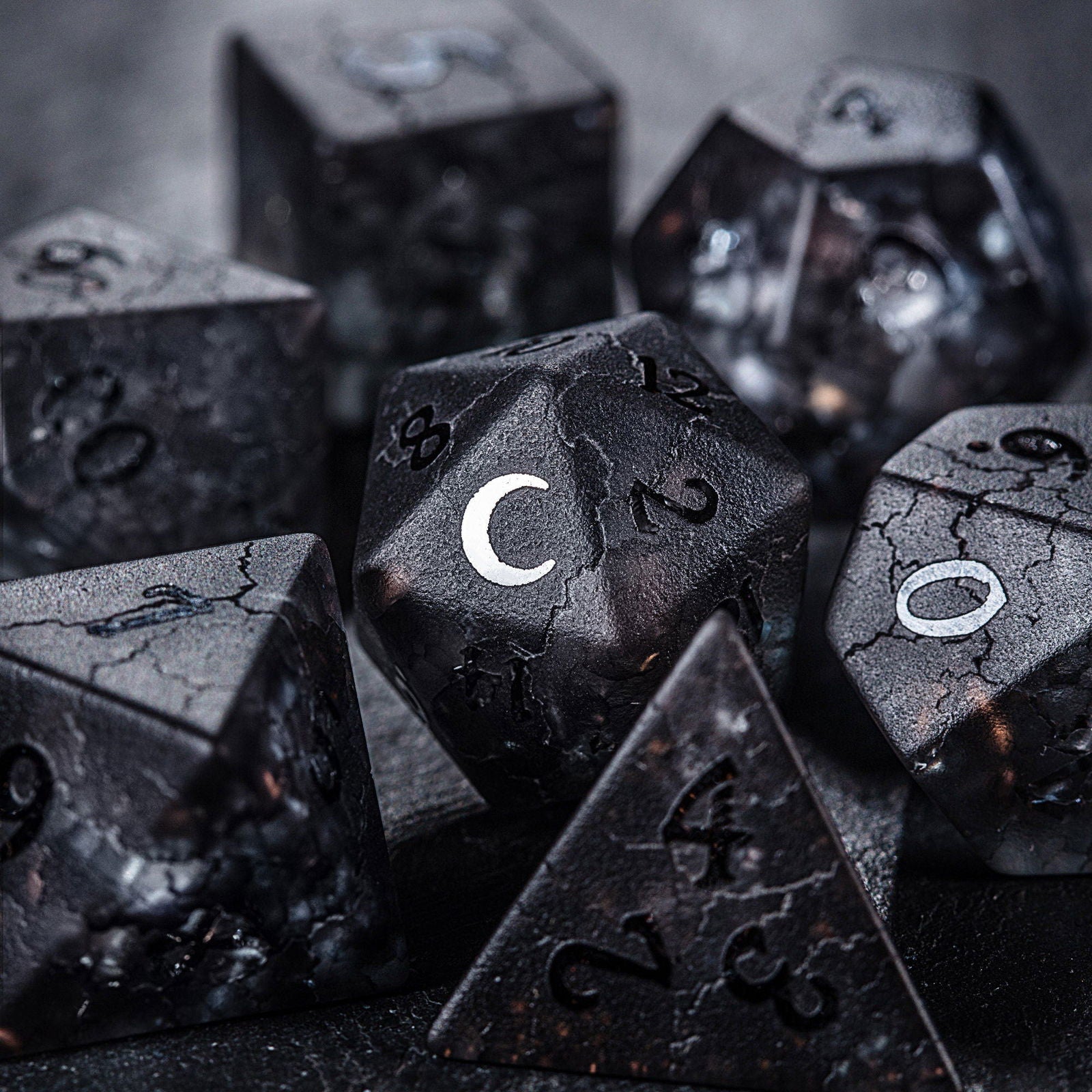Raised Black Lightning Glass Moon DnD D&D Dice Set