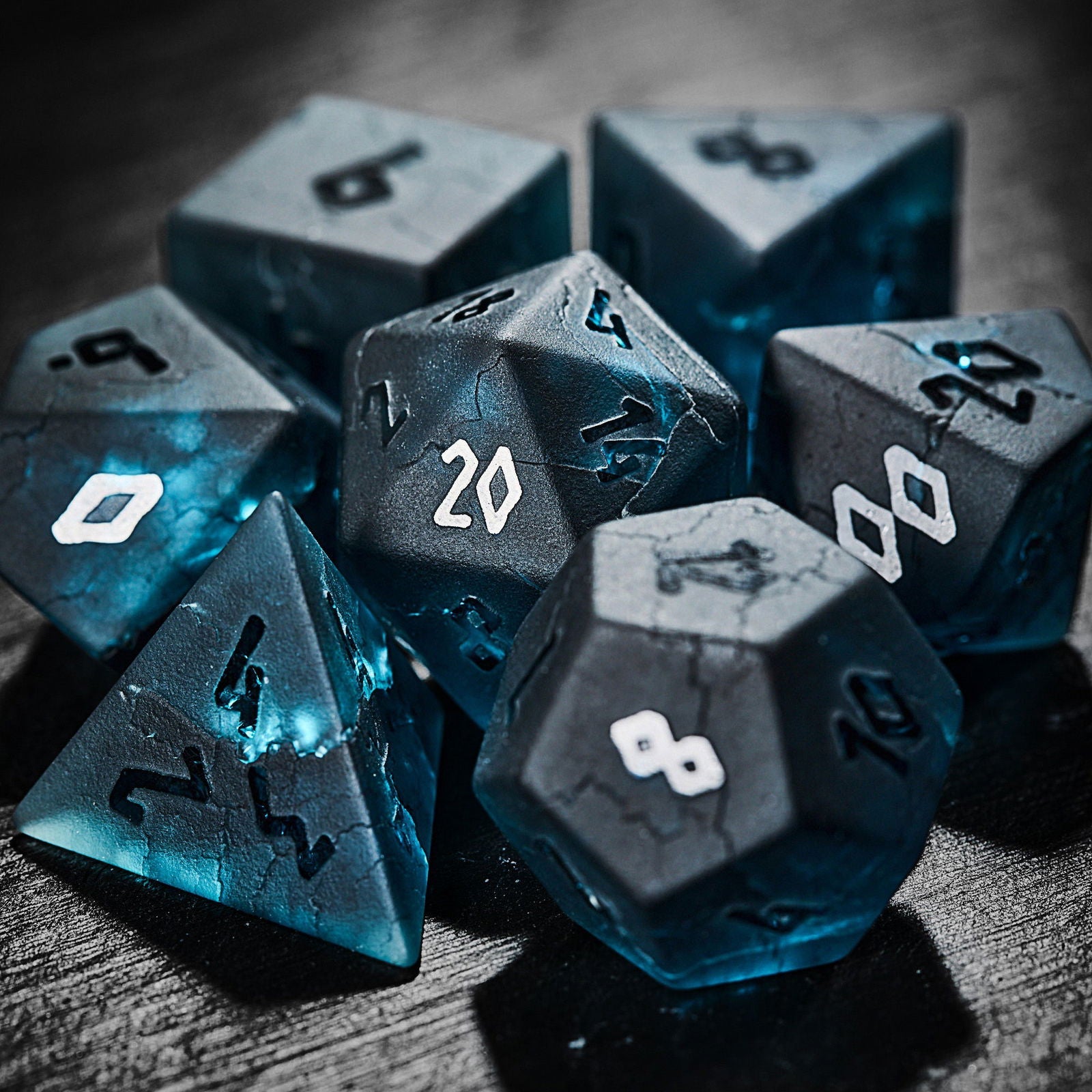 Raised Dark Blue Lightning Glass DnD D&D Dice Set