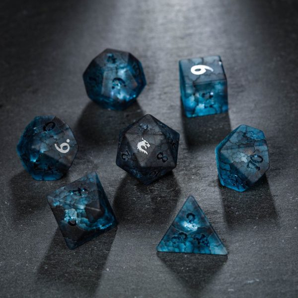 Raised Dark Blue Lightning Glass Dragon DnD D&D Dice Set