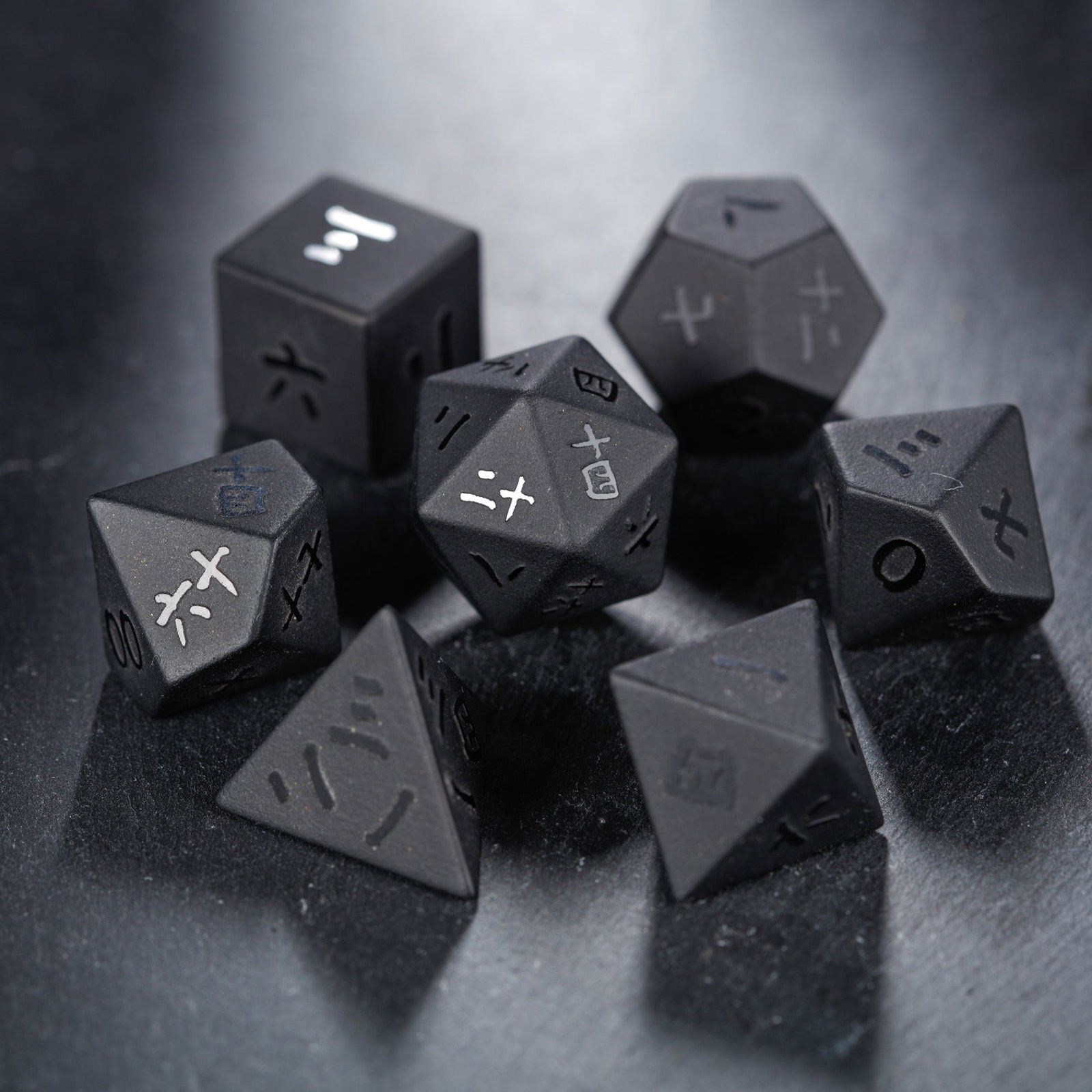 Raised Obsidian Gemstone Kanji DnD D&D Dice Set