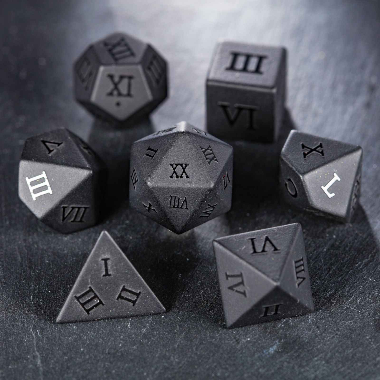 Raised Obsidian Gemstone Roman Numerals DnD D&D Dice Set
