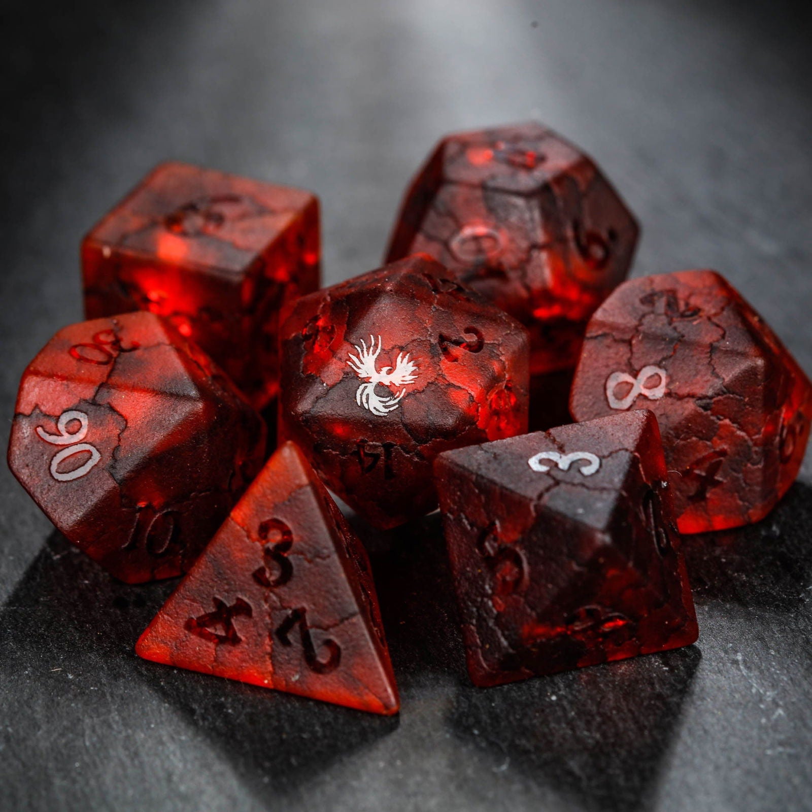 Raised Red Lightning Glass Phoenix DnD D&D Dice Set