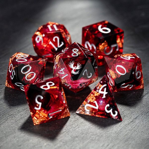 Red Glitter Liquid Core Resin Phoenix DnD D&D Dice Set