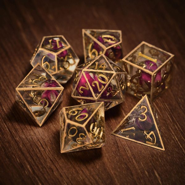 Gold Edged Rose Bud Glitter Resin DnD D&D Dice Set