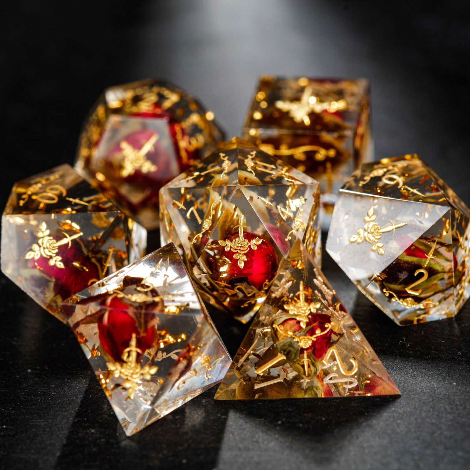Rose Bud Glitter Resin Rogue Rose Motif DnD D&D Dice Set