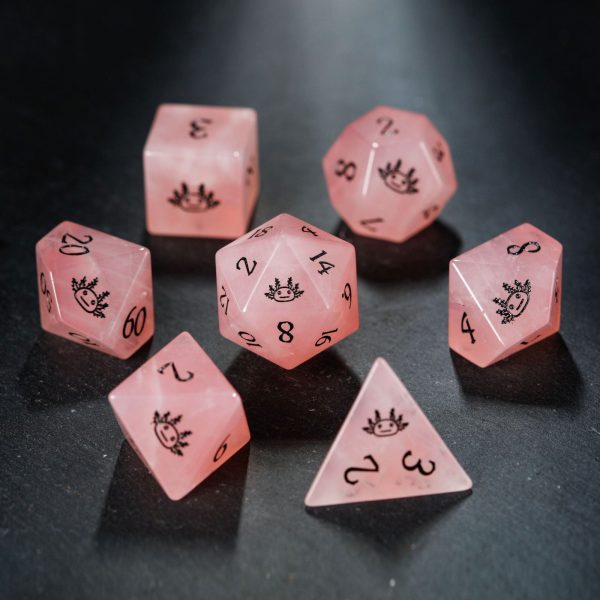 Rose Quartz Gemstone All Axolotl DnD D&D Dice Set